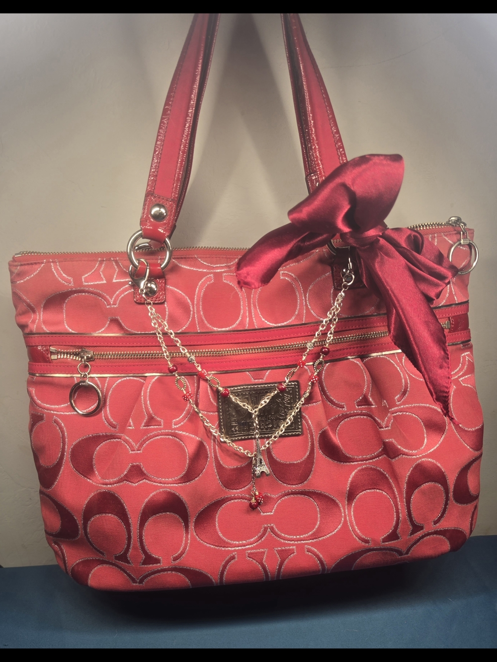COACH Poppy Red Satin Accent Tote Bag with Charm Detail
